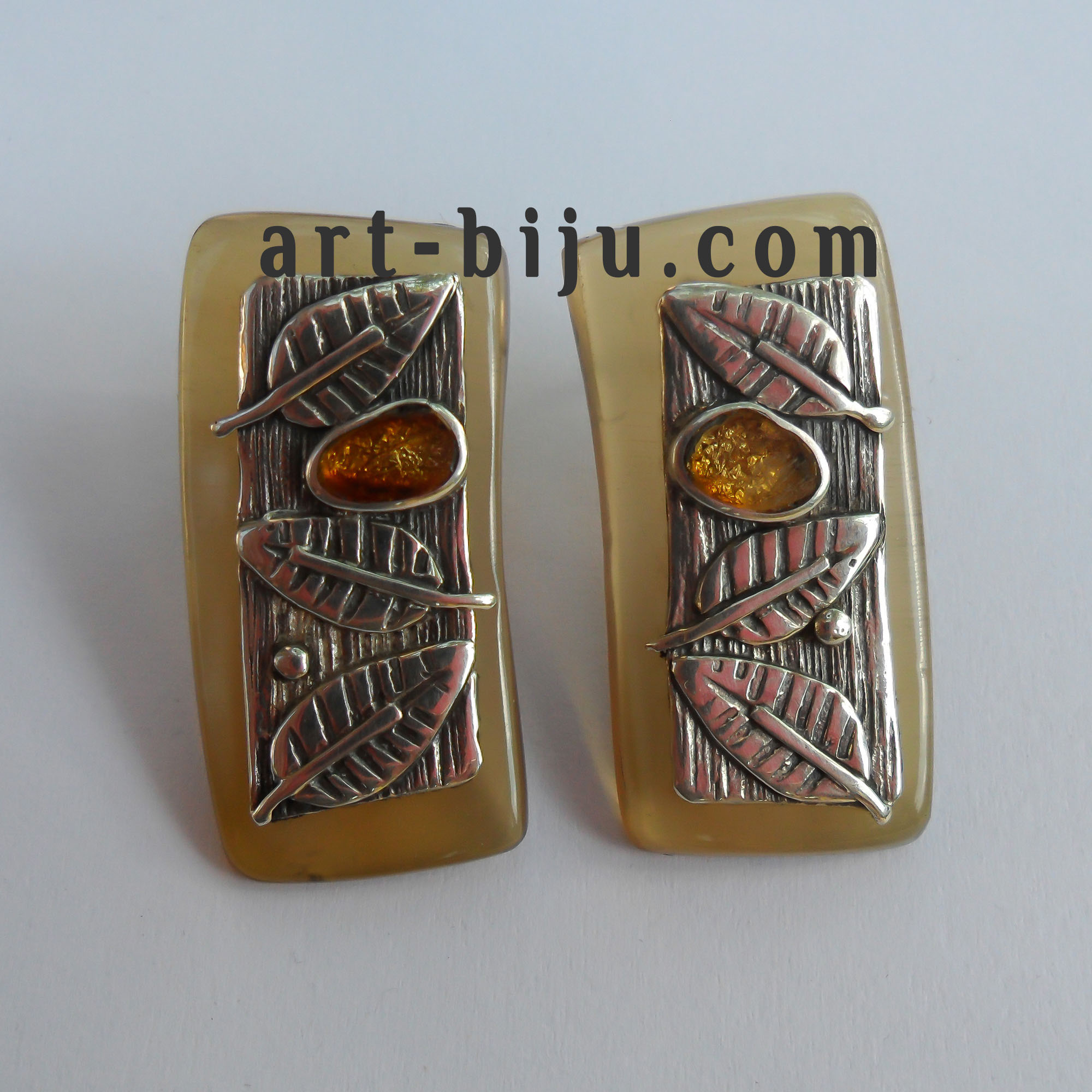 Обеци сребро рог кехлибар злато